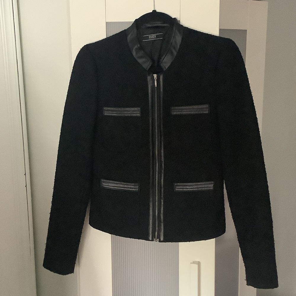 Suzy Shier Black Faux-Shearling Teddy Jacket with Leather-Trim